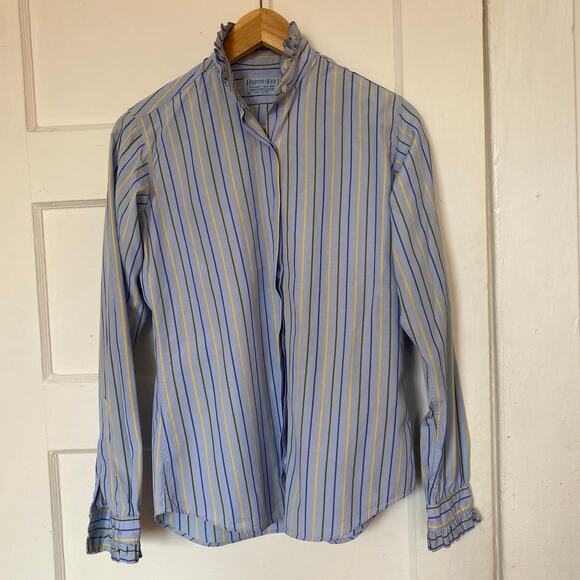 Vintage London Blue Striped Button-up Frilly Blouse Long Sleeve Hilditch & Key - Picture 3 of 9